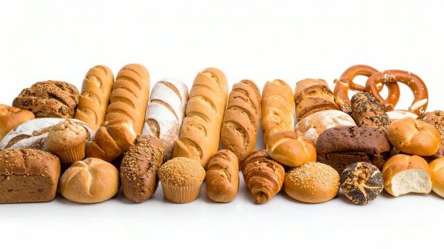 Assortment of freshly baked bread and pastries on a white background