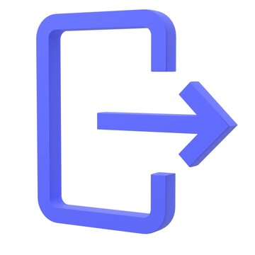 A high-quality 3D render of a blue logout or sign-out icon featuring an arrow pointing right through an open frame, ideal for modern website and application user interfaces.