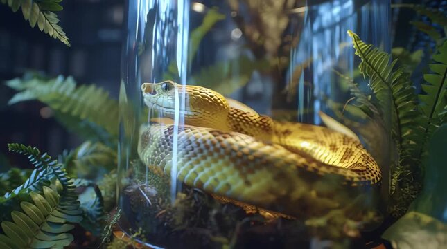 ultra realistic golden lancehead snake (Bothrops insularis) coiled motionless inside a glass terrarium enclosure, natural substrate and tropical plants around