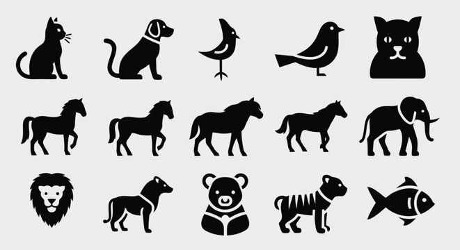 Black and white animal icons on transparent background