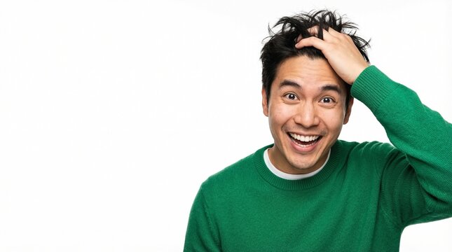 Excited Asian Male Creative Ruffling Messy Hair for Challenging Project Isolated on White