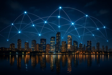 Businessman using magnifying glass to analyze data network visualization