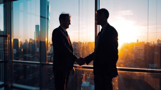 Silhouette d'une poign&eacute;e de main d'affaires au coucher du soleil dans un bureau moderne avec vue sur l'horizon de la ville et fen&ecirc;tres en verre