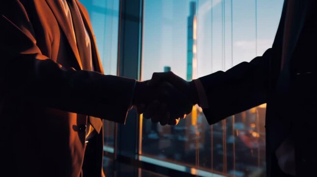 Silhouette d'une poign&eacute;e de main d'affaires au coucher du soleil dans un bureau moderne avec vue sur l'horizon de la ville et fen&ecirc;tres en verre