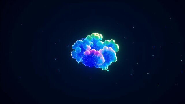 Glowing blue particles scatter across a dark abyss, clustered centrally, resembling a nebula