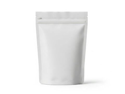 A white pouch with a flat base and a sealed top, standing upright against a plain background.