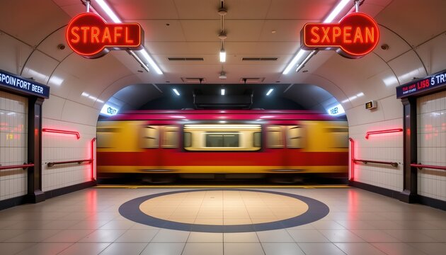 The image depicts a modern underground station with a subway train arriving or departing, captured in motion blur
