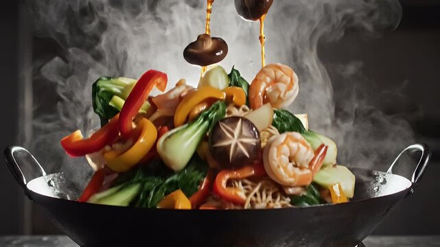 A steaming wok overflowed with shrimp, bok choy, peppers, and mushrooms, sauce dripping