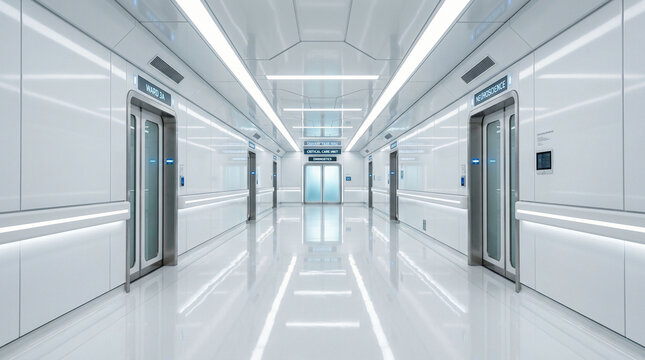 Modern hospital corridor with elevators interior.