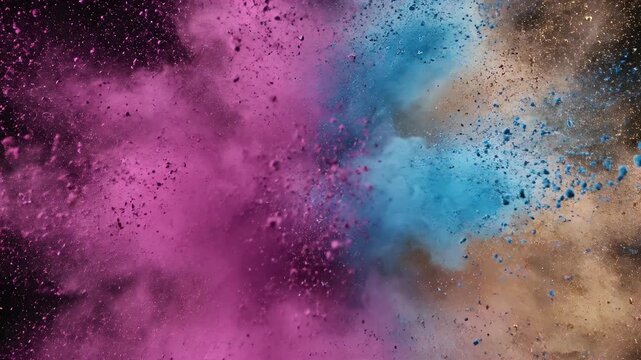 Explosive burst of colorful powder, pink, blue, and golden hues colliding