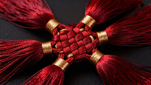 Scarlet Korean Norigae silk knot and crimson tassel texture with golden thread