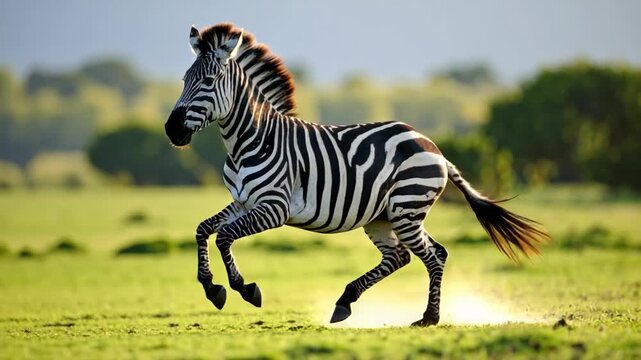 Single zebra galloping through a vibrant green field with dust kicking up in the African savanna