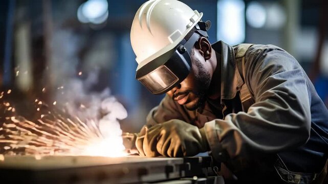Black industrial welder wearing protective helmet and gloves working on metal with bright sparks in factory workshop