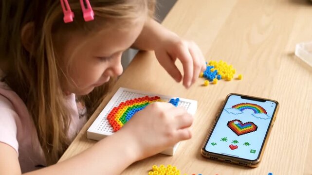 Focused Young Girl Creating Colorful Rainbow Art Using Iron-On Beads While Following Digital Pattern on Smartphone