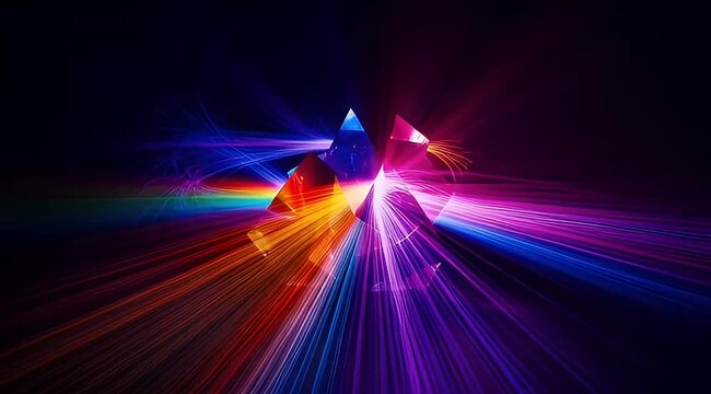 Abstract multicolored light trails emerging from a cluster of angular geometric shapes