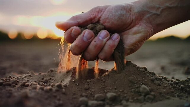 Hand sprinkling seeds in dry soil at sunrise, close-up of fingers and small grain, gardening nature scene showing renewal and sustainable farming