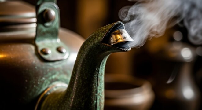 Traditional tea kettle with steam rising.