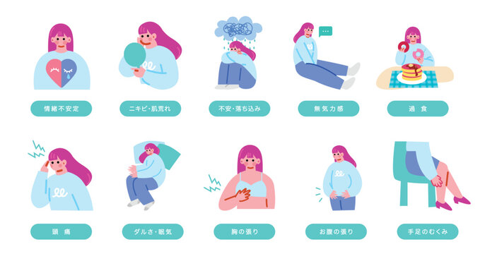 生理前の症状に悩む女性のイラストセット