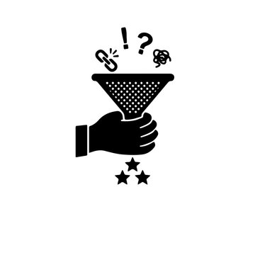 Black and white icon of a hand filtering digital icons, symbolizing information filtering, data curation, and the ability to select valuable knowledge from digital noise