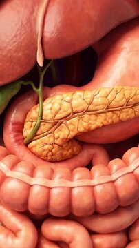 Human internal organs 3d render pancreas, liver, gallbladder, intestine, suitable for medical education, scientific research, health awareness, anatomy study, healthcare.