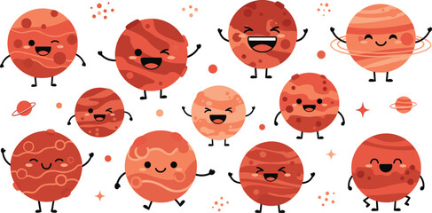 Set of cute cartoon planet characters, funny red planets with happy faces and hands, vector illustration of solar system galaxy elements isolated on white background © MdSoleman