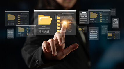 A business professional engages with an innovative virtual file management system, highlighting...