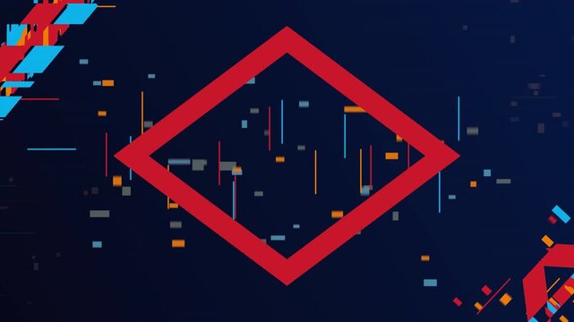 Animated background with particles and glitching shapes.