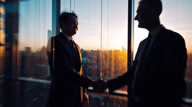 Silhouette d'une poign&eacute;e de main d'affaires au coucher du soleil dans un bureau moderne avec vue sur l'horizon de la ville et fen&ecirc;tres en verre