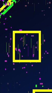 Animated background with particles and glitching shapes.