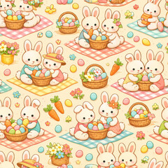Cute Easter Bunny Picnic With Basket and Eggs Seamless Pattern