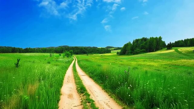Scenic Dirt Road Through Green Fields and Blue Sky Countryside Landscape