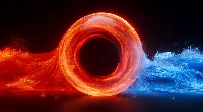 Cinematic fire and ice collision, glowing orange energy ring and blue water splash, abstract elemental battle with liquid motion and sparks