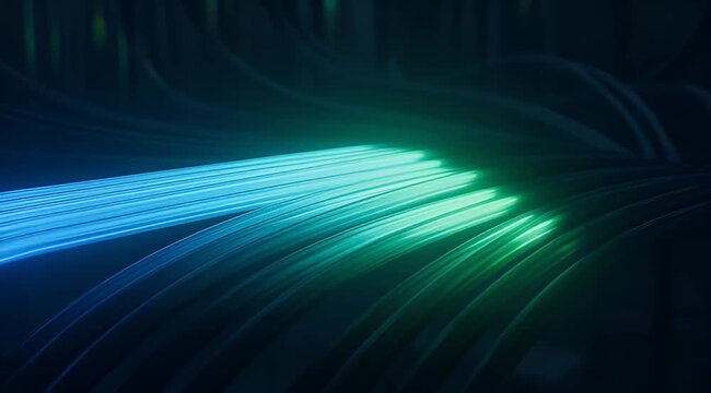 Glowing fiber optic cables with blue and green light, high speed data transmission lines, futuristic digital network infrastructure for telecommunications