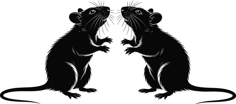 Detailed rat silhouette pair facing each other, realistic black rodent animal vector illustration with long tails and whiskers, wildlife pest symbol for design, logo, tattoo