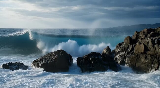 Cinematic ocean waves crashing against dark coastal rocks, powerful turquoise sea surf under dramatic cloudy sky, majestic marine landscape