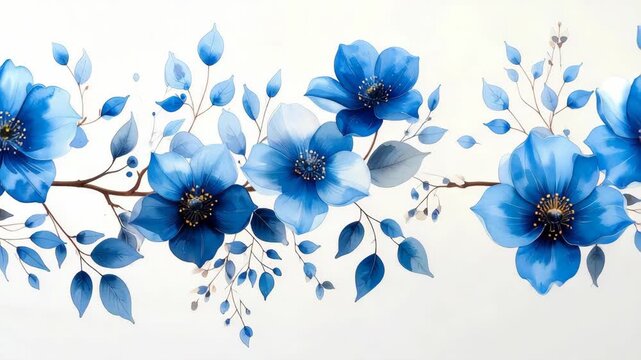 Elegant blue watercolor flowers and leaves border arrangement on a clean white background