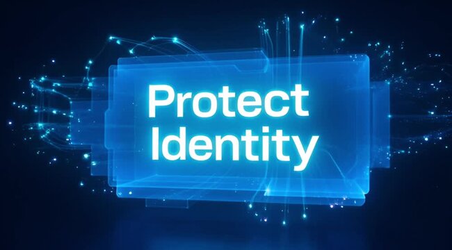 Conceptual digital display emphasizing identity protection within a secure glowing blue box in a data network.
