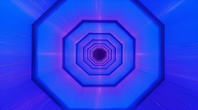 Futuristic blue octagon tunnel loop, neon geometric portal with glowing light rays, abstract sci-fi motion background for music videos and vj sets