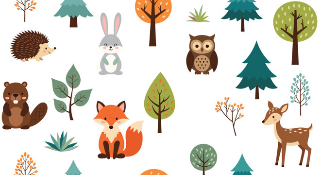 Seamless pattern with cute woodland animals like a fox owl rabbit hedgehog and beaver among various forest trees and plants.
