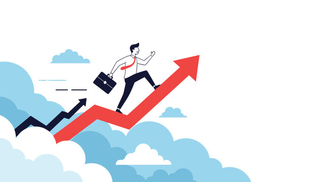 Ambitious businessman with a briefcase running up a large red rising arrow towards success above a bed of fluffy white clouds.