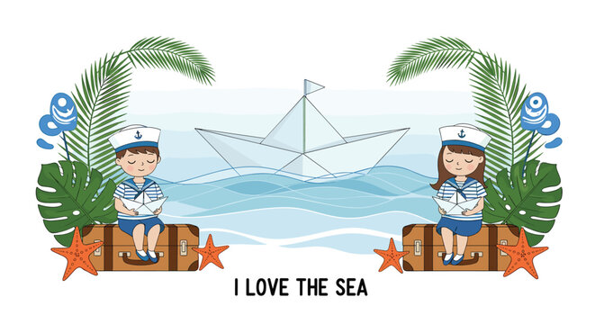 Boy and girl dressed in sailor outfits sitting on suitcases and folding paper boats on a beach with tropical palm leaves.
