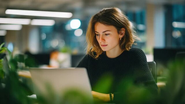 Focused Mind at Work: A woman engrossed in her laptop in a contemporary office setting, capturing the essence of modern productivity and concentration.