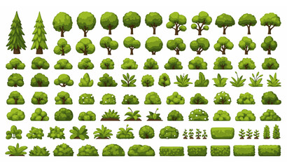 Big cartoon trees bushes and plants vector set stylized foliage nature collection