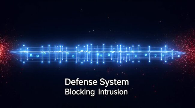 Digital defense system actively blocking malicious cyber intrusion attempts on a network security barrier.