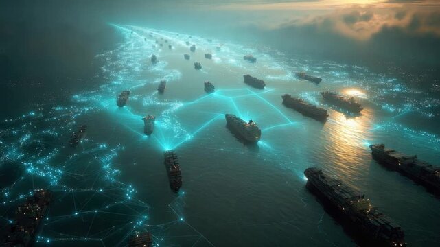 Sea of Vessels: A captivating aerial view reveals a fleet of cargo ships navigating a luminous sea, their paths interwoven with glowing trails.