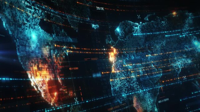 Digital world map visualizing global network data connectivity