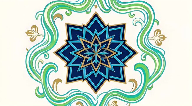 Islamic geometric star mandala, blue and gold arabesque pattern animation, elegant floral frame for Ramadan and Eid greeting videos