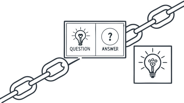 Problem solving idea question answer link,  Vector illustration shows a single chain link connecting two distinct panels. The left panel clearly displays the word "QUESTION" below a lightbulb, 