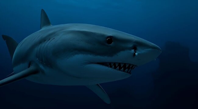 Great white shark swimming in deep blue ocean water, cinematic underwater predator close-up, majestic marine wildlife in natural habitat