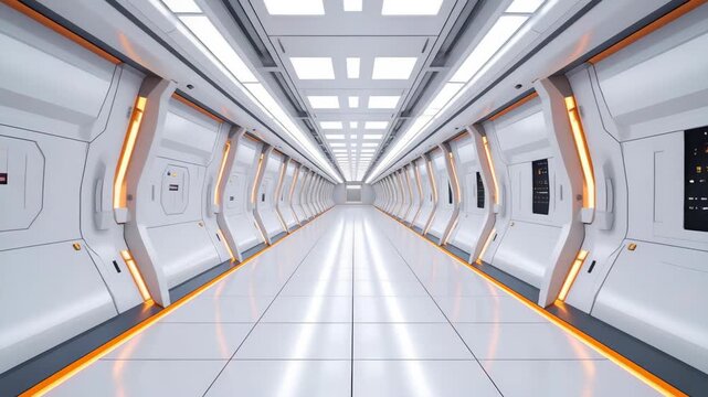 Modern clean white sci fi hallway in a spaceship with glowing orange lights and symmetrical architecture